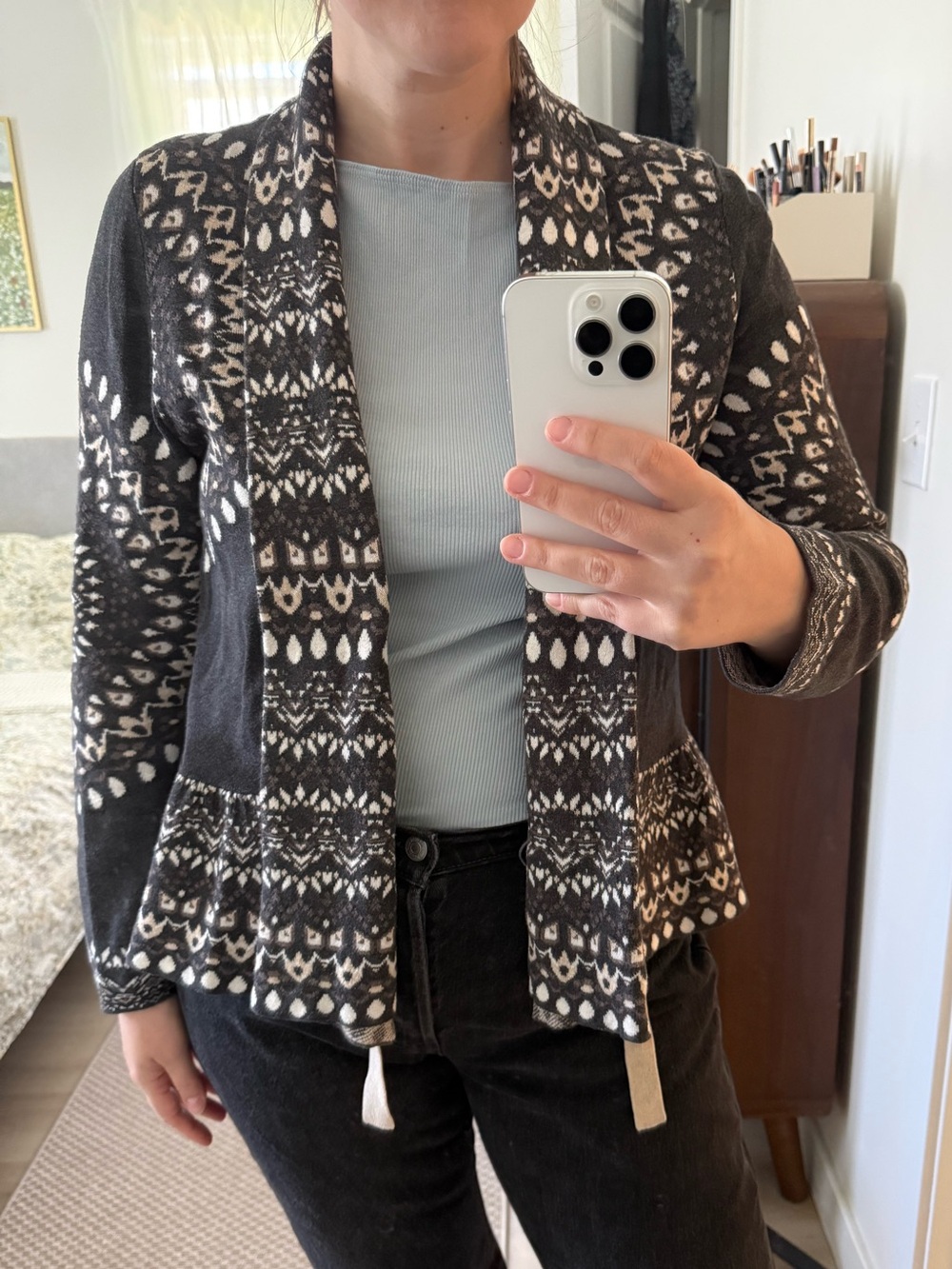 Odd Molly Fair Isle Pattern Open Cardigan in Charcoal and Cream size 3 (M/L)